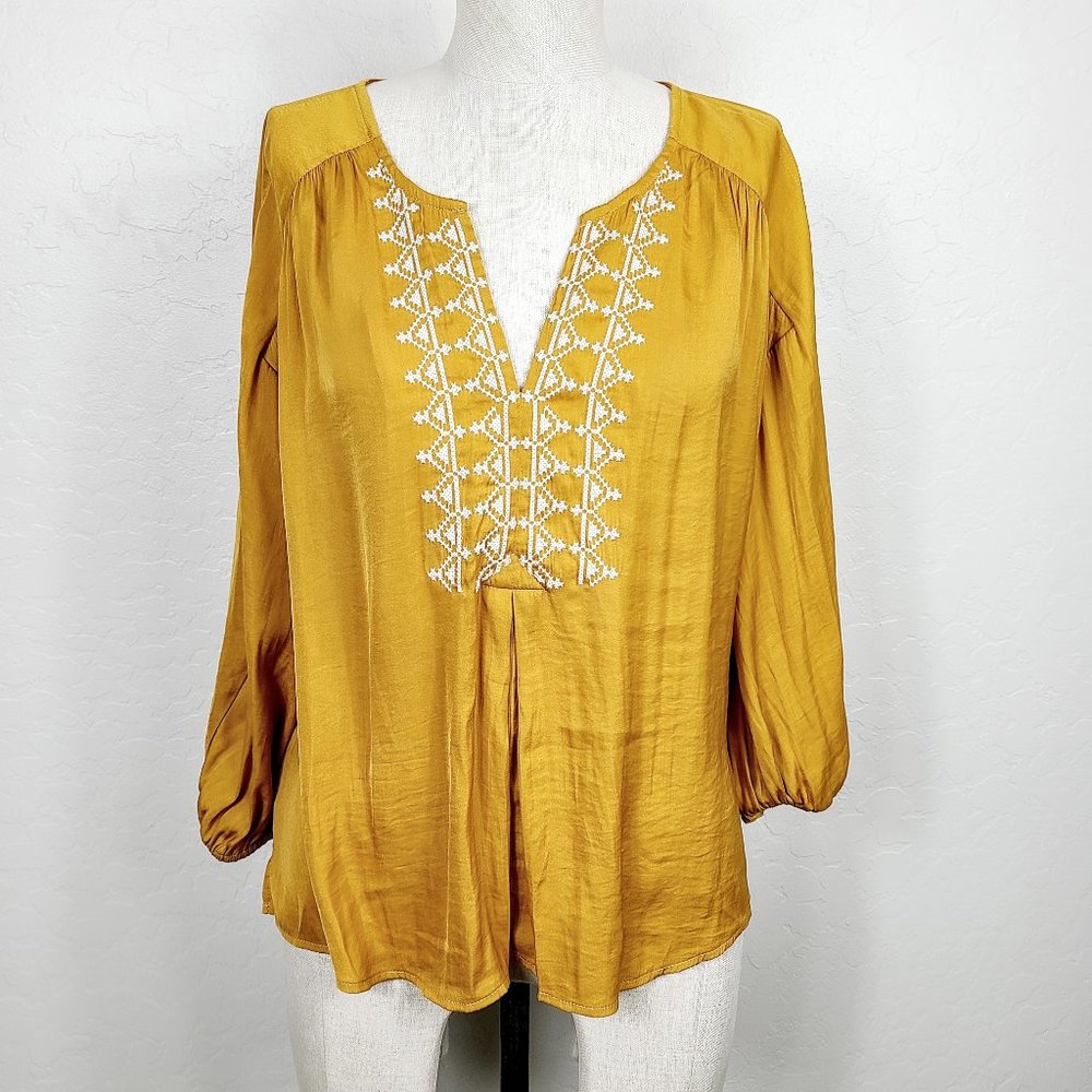 Dolan Anthro Mustard Embroidered Silky Blouse